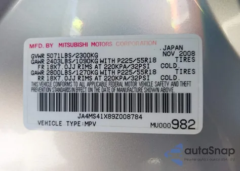 2009 Mitsubishi Outlander Xls from USA, damaged, VIN JA4MS41X89Z008784